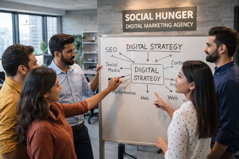 Digital marketing agency in Mumbai brainstorming SEO and social media strategy at Social Hunger