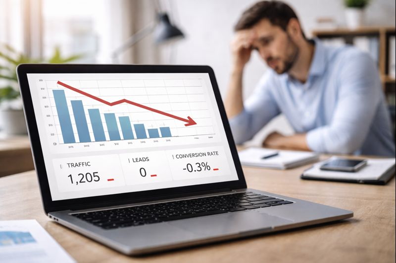Low website traffic and zero leads shown in digital marketing analytics dashboard