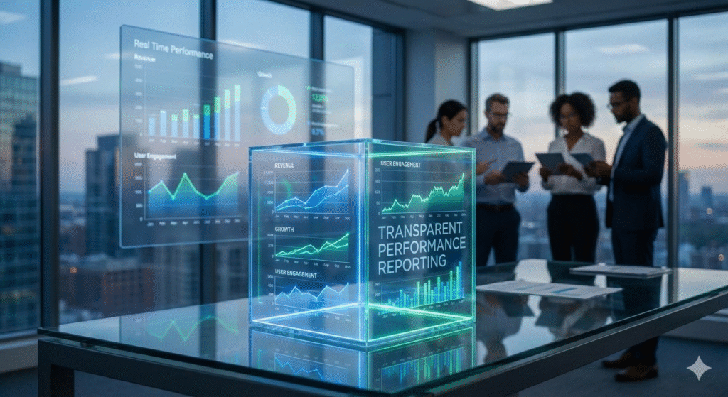 Transparent performance reporting dashboard showing real-time marketing analytics, data visualization, and team collaboration for business growth.