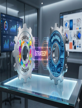 Creative and data-driven digital marketing strategy illustration showing creative design and analytics working together for business growth.